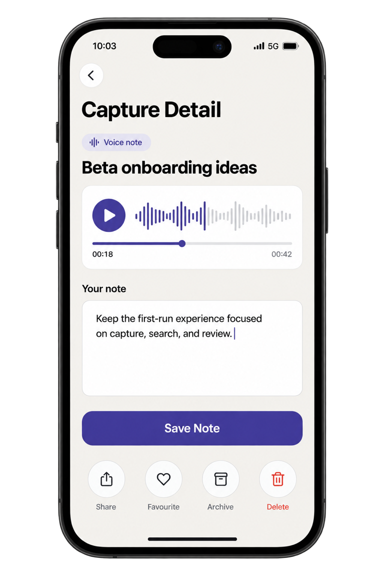 Generated preview of a Tuck voice-note detail with playback, note, and capture actions