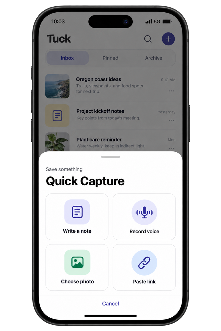 Generated preview of Tuck Quick Capture with note, voice, photo, and link choices