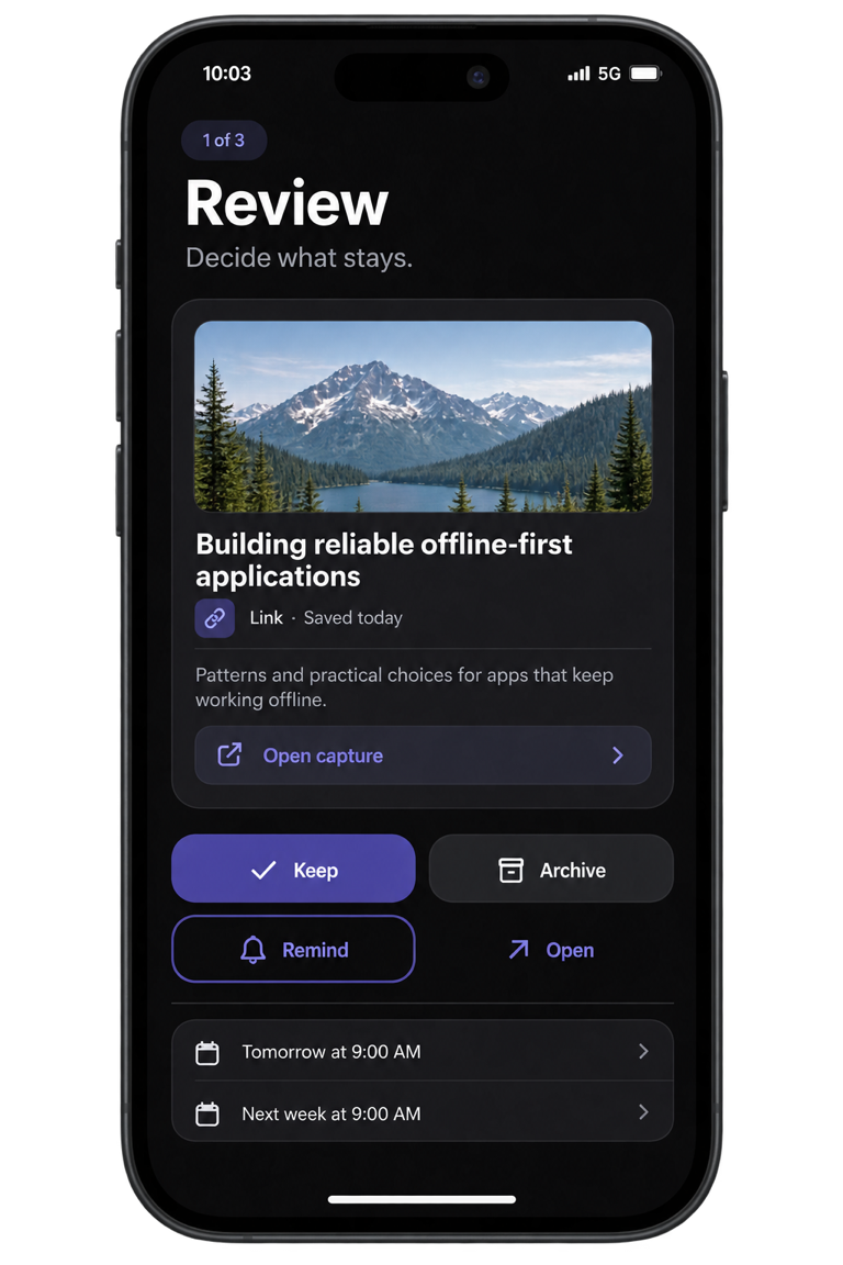 Generated dark-mode preview of the Tuck Review queue with keep, archive, remind, and open actions