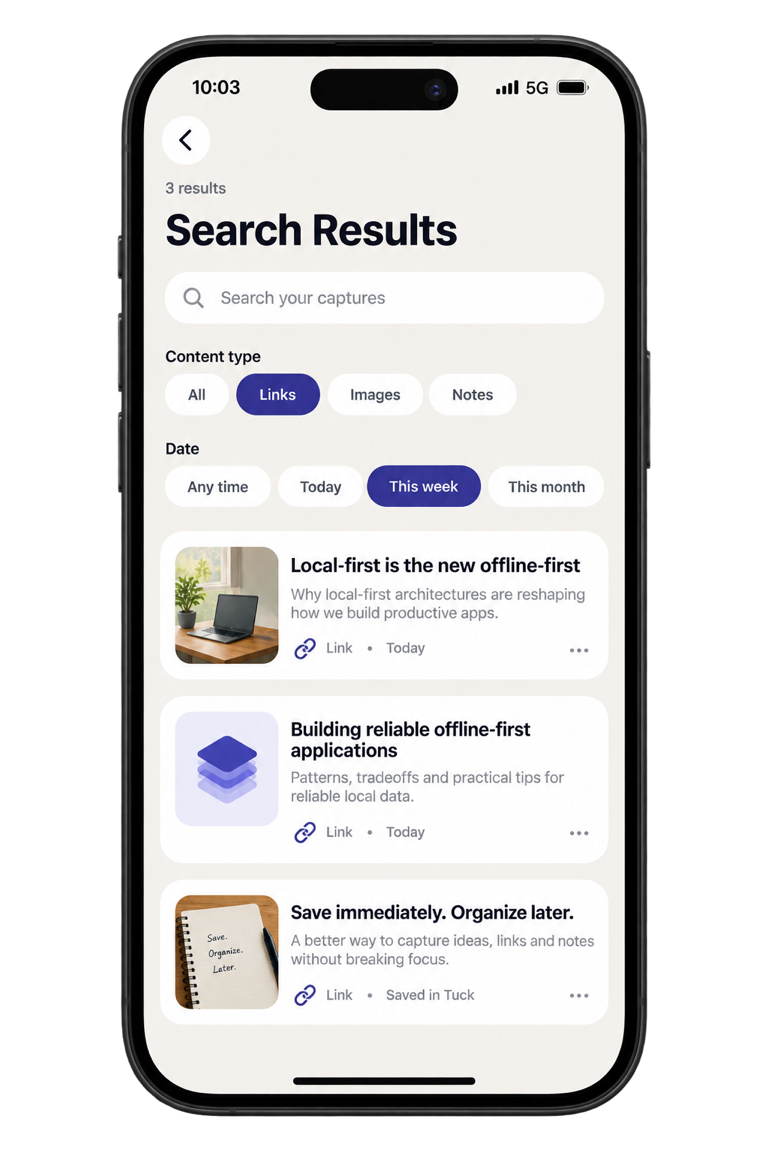 Generated preview of Tuck Search Results with content type and date filters